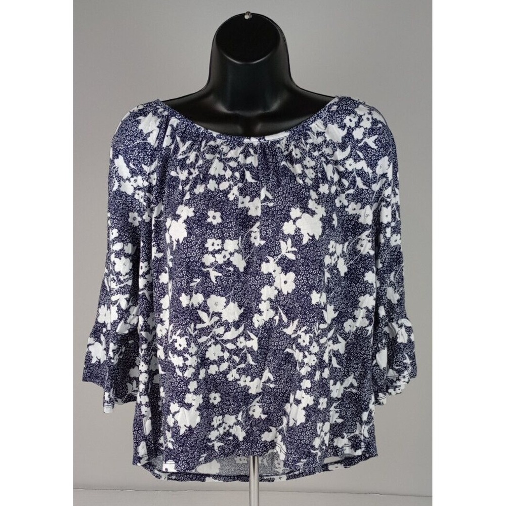 Michael Kors Women's L Navy Blue White Floral 3/4 Flared Flutter Sleeve Blouse